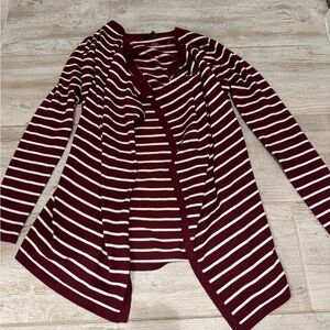 Burgundy and White Striped Open Front Waterfall Cardigan